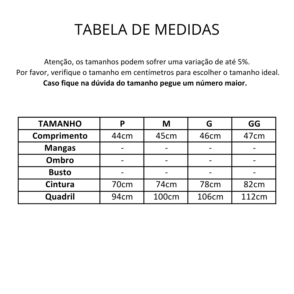 tabela de tamanhos